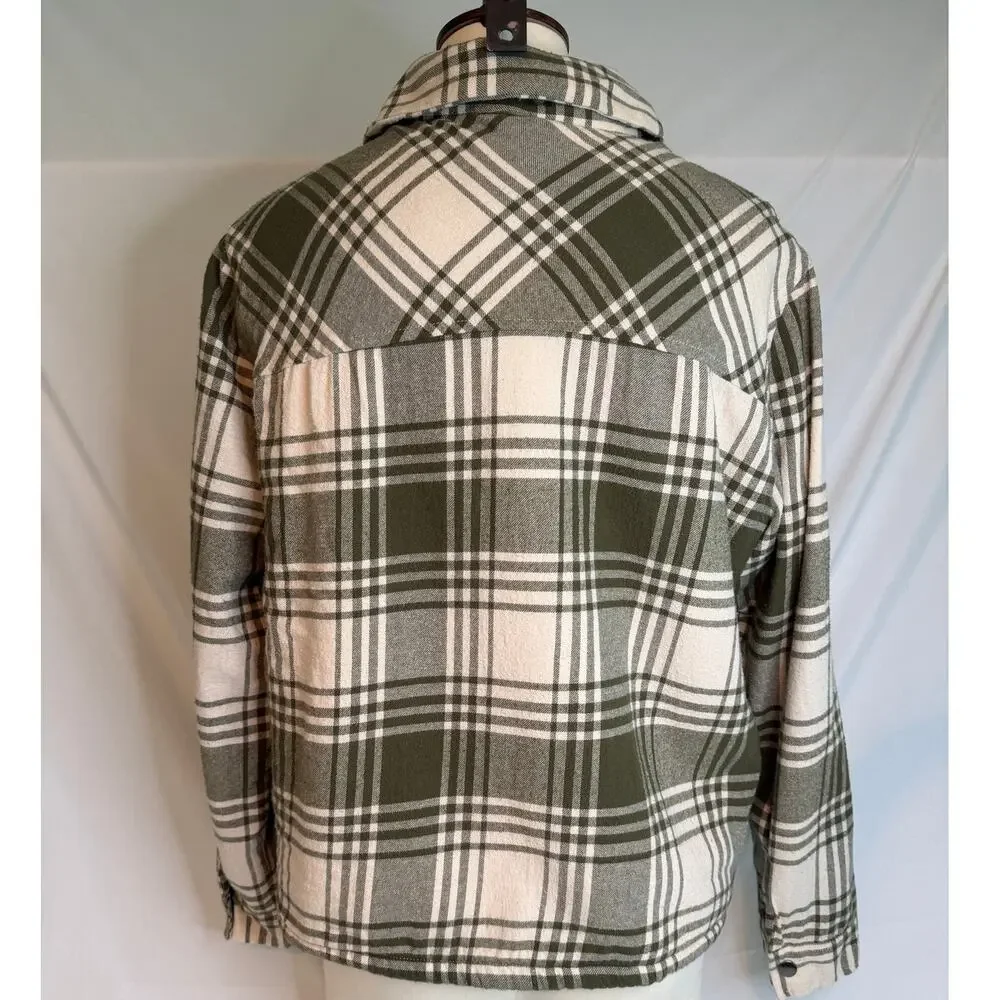 Lucky Brand Olive Green/Cream Plaid Sherpa Lined Shacket Jacket Size Large